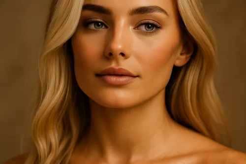 Close-up of a young woman's face with natural makeup and light hair
