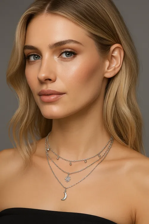 The model showcases several silver necklaces with pendants