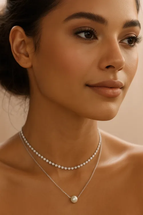 Close-up of a woman's face adorned with elegant silver jewelry