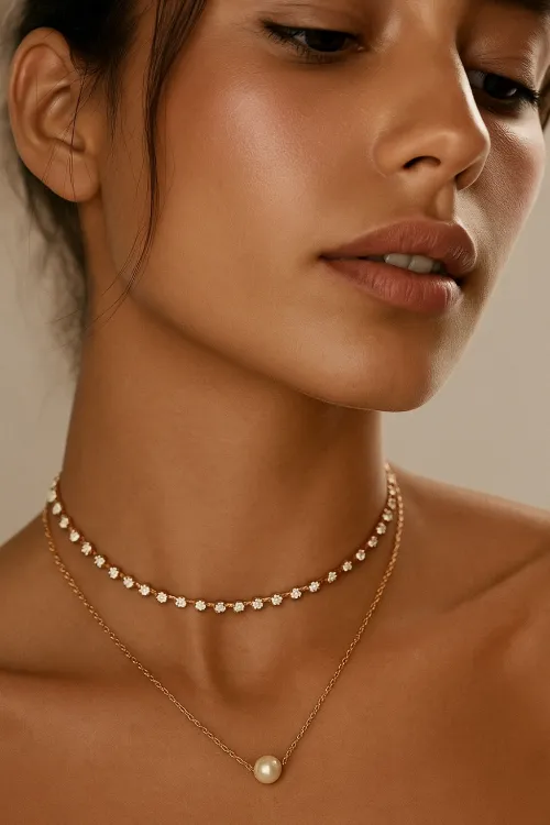 Primer plano del cabello femenino y joyas en el cuello