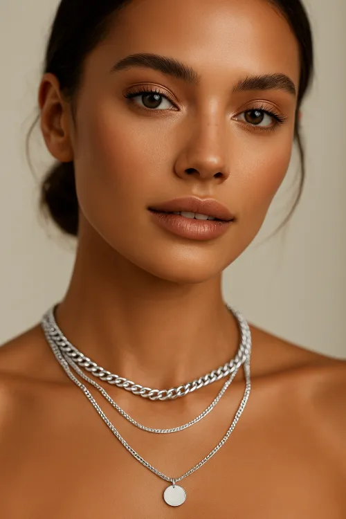 Portrait of a girl with several necklaces around her neck and a neutral background