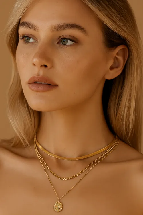 Woman with blonde hair and golden necklaces against a neutral background