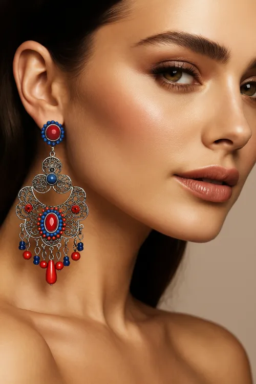 Close-up of a woman's face featuring large, colorful earrings