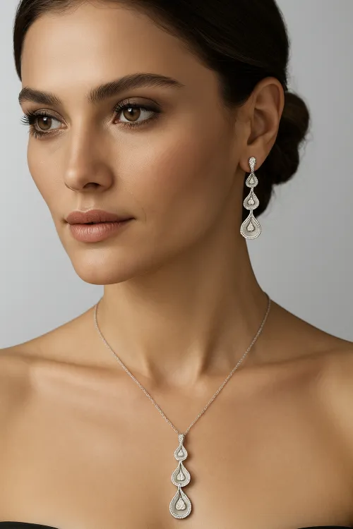 Woman with exquisite earrings and a pendant on a soft background