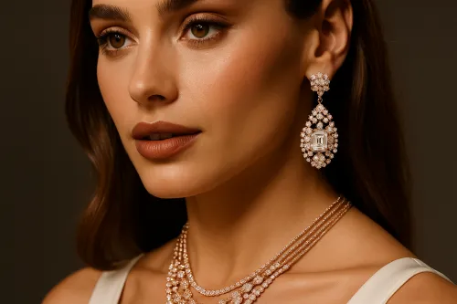 Woman with exquisite earrings and a necklace against a dark background