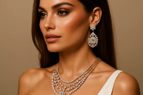 Retrato de una mujer con pendientes y collar exquisitos
