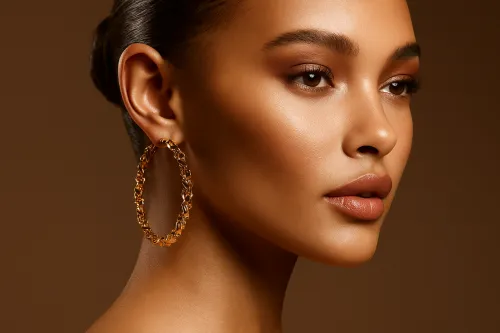The model showcases a close-up of earrings against a beige wall