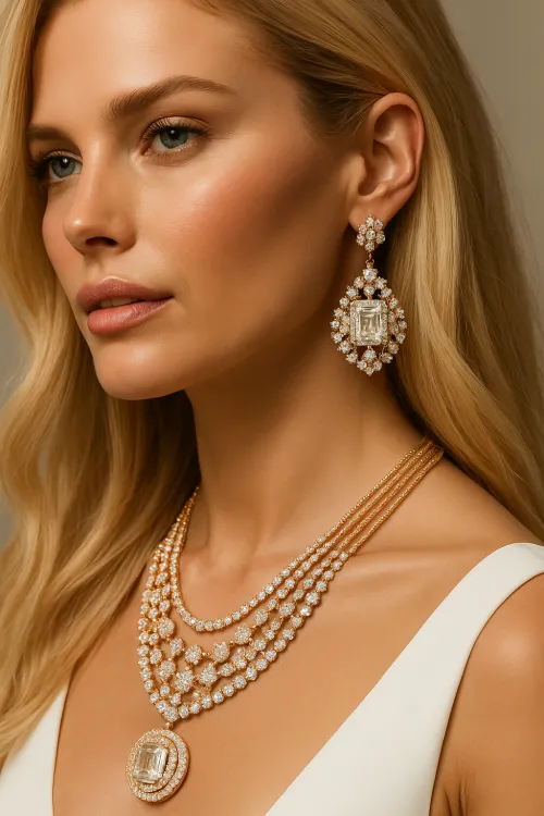 Woman with long hair adorned with luxurious earrings and a necklace