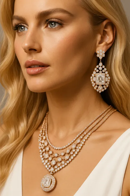 Woman with long hair wearing chic earrings and a necklace