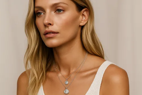 Model with long hair in a white top and silver jewelry
