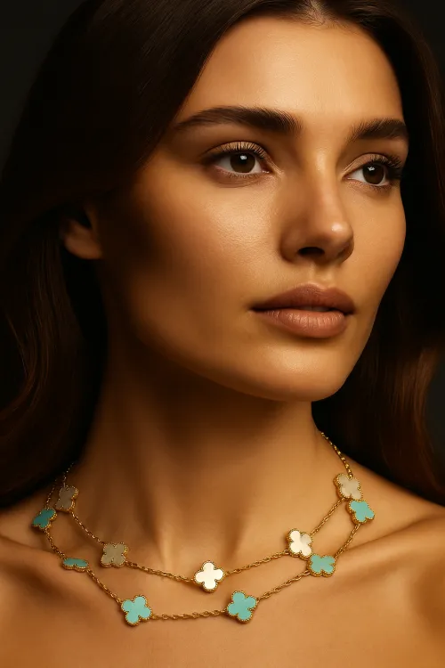 Woman with a Stunning Golden Necklace Adorned with Flowers