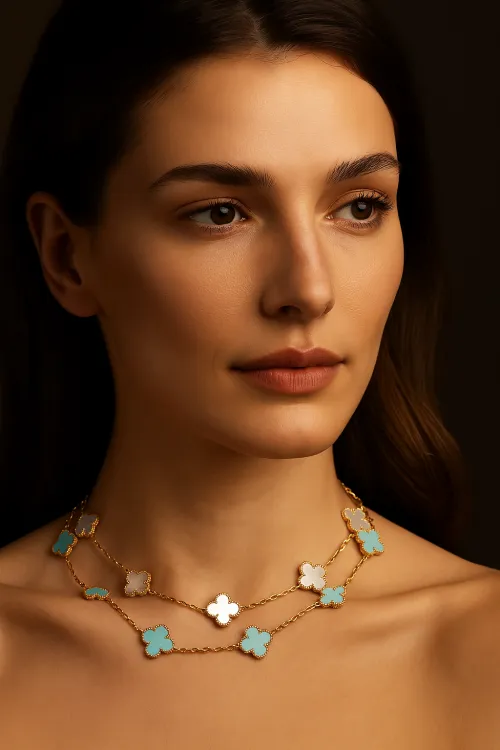 The model showcases an exquisite necklace against a dark background