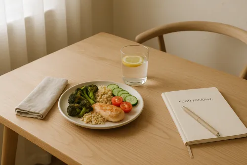 Plastic plate with chicken, vegetables, and water on the table