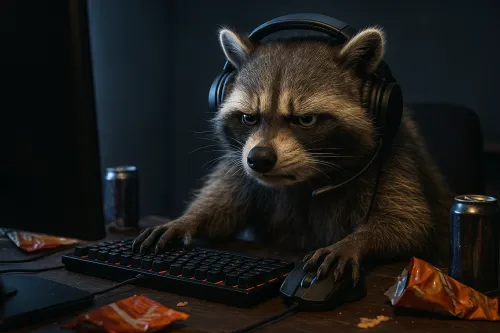 Mapache con auriculares sentado en la computadora con juguetes y refrescos