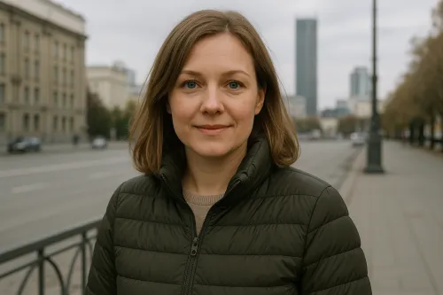 Woman with short hair against the backdrop of urban architecture and street