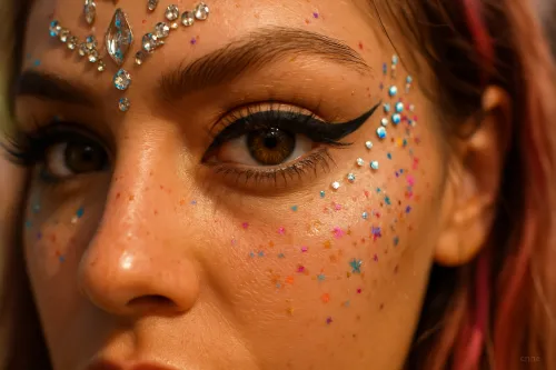 Primer plano del rostro de una chica adornado con purpurina y maquillaje