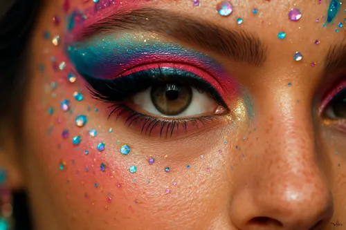 Primer plano de un ojo con maquillaje brillante y brillos