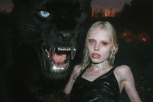 Imagen estilizada de una chica con pantera frente a un paisaje oscuro