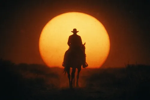 Silhouette of a rider against the backdrop of a large red sun