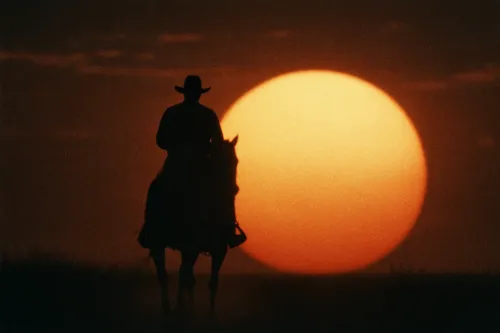 Silhouette of a rider and horse against a bright sunset