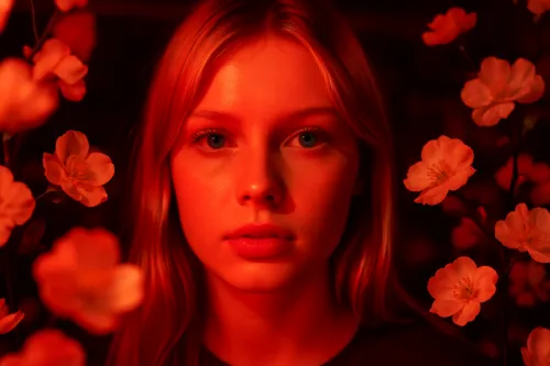 Girl with Long Hair and Flowers in the Background, Illuminated by Red Light