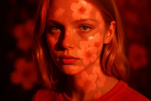 Girl with a floral pattern on her face against a red light background