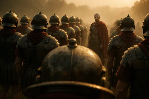 Escena de soldados romanos de pie en un claro al atardecer