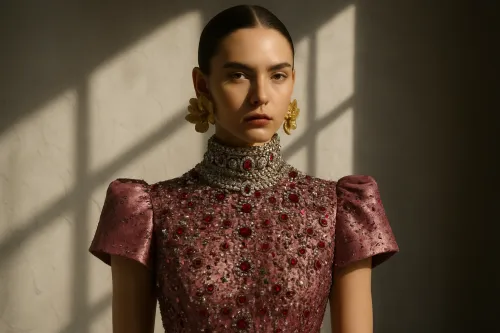 Model in an evening dress with intricate design and bright accessories