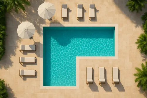 Piscina limpia con tumbonas y sombrillas al aire libre