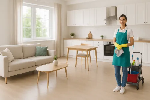 Woman in an apron with a cleaning cloth in a house with a modern interior