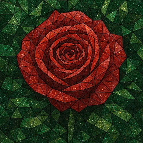 Rosa roja, realizada en estilo de mosaico geométrico sobre fondo verde