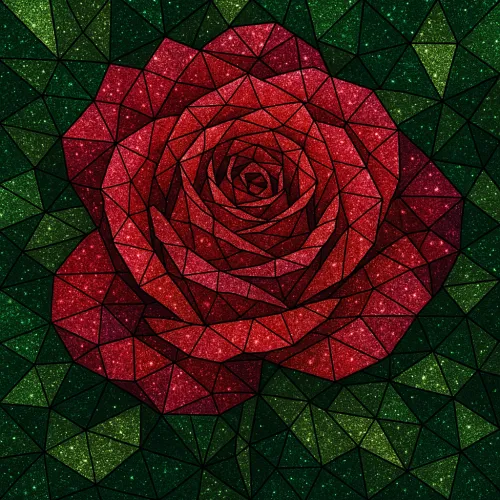 Abstract image of a rose made of triangles on a green background