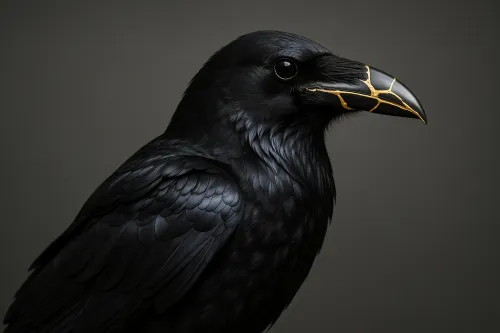 Primer plano de un cuervo negro con un plumaje detallado y líneas doradas en el pico