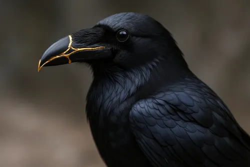 Close-up of a crow with shiny black feathers and golden lines on its beak