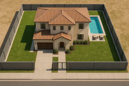 Casa residencial con techo de tejas, piscina y césped bien cuidado