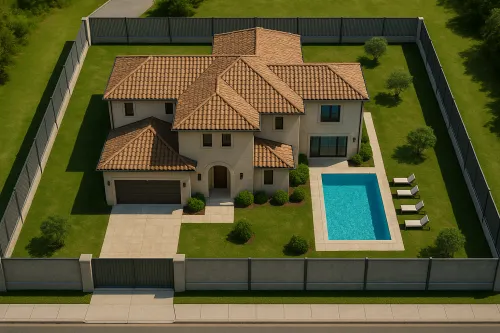Edificio residencial estético con piscina y vegetación alrededor