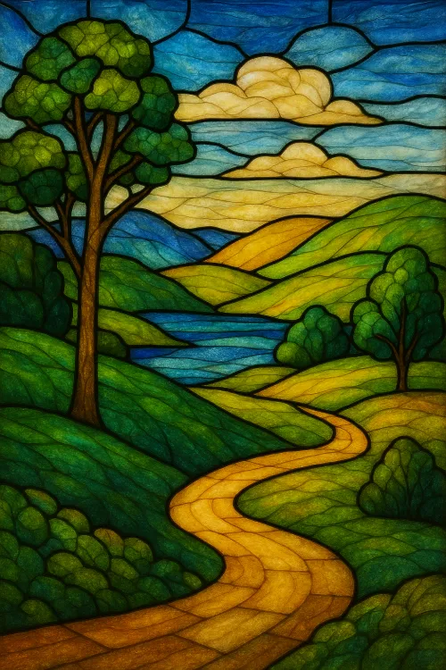 Glowing stained glass with a green landscape and a winding road