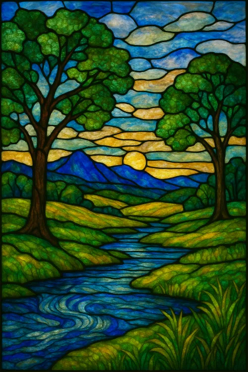Stained glass panel with trees and a river against a mountain backdrop