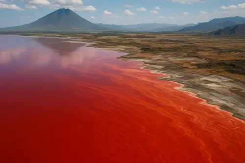 Panoramic View of a Red Waterbody and Mountains Under a Clear Sky