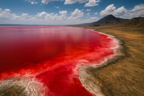 View of the red lake with a mountain backdrop and cloudy sky.