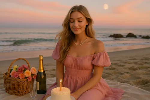 Young woman in a pink dress celebrating with a cake and champagne by the shore
