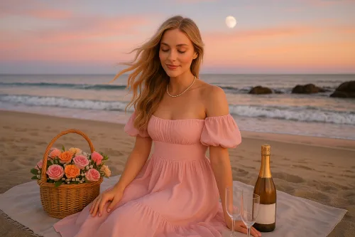 A girl in a pink dress enjoys the moment on the beach with champagne