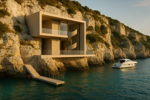Architectural structure on a cliff with glass balconies and a boat