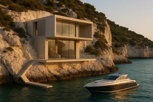 Estilo arquitectónico del chalet en los acantilados junto al mar
