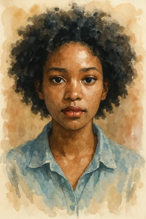 Watercolor portrait of a young woman with curly hair in a light robe