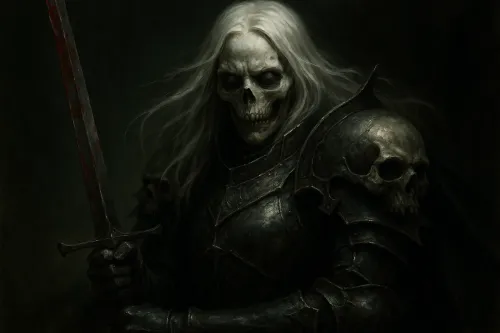 Guerrero esquelético con armadura y espada, con una calavera en el hombro