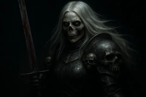 Imagen de un guerrero misterioso con cabello largo y calaveras en su armadura