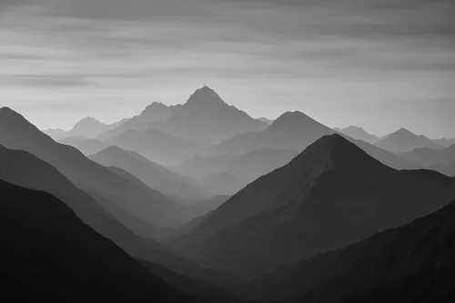 Panorama of mountain range in black and white color scheme