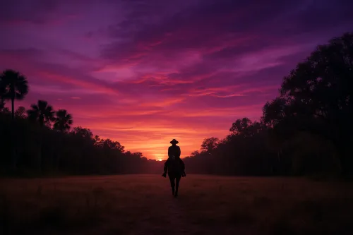 Jinete contra un brillante atardecer y palmeras