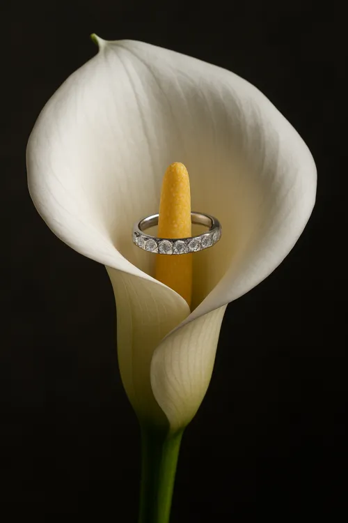 Elegant ring on a delicate calla lily flower with a yellow stamen